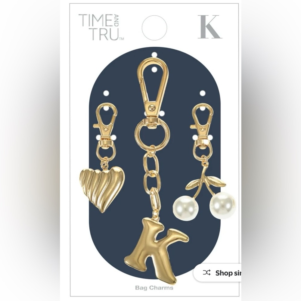 Time and Tru Gold-Tone K Initial Keychain with Heart and Pearl Cherry Charms